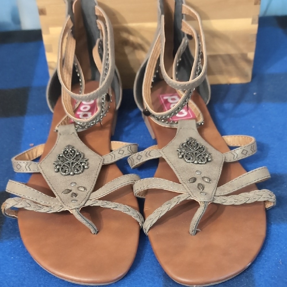 pop Taupe Braided T-Strap Embellished Sandals - Picture 2 of 6